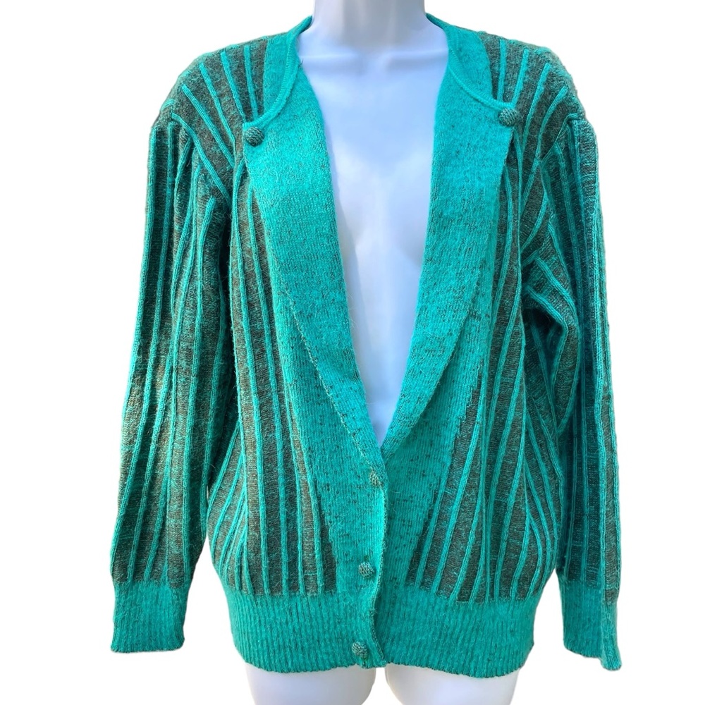 Vintage Dace Export Knit Cardigan Three Button Sweater Green Grey Stripe Size L